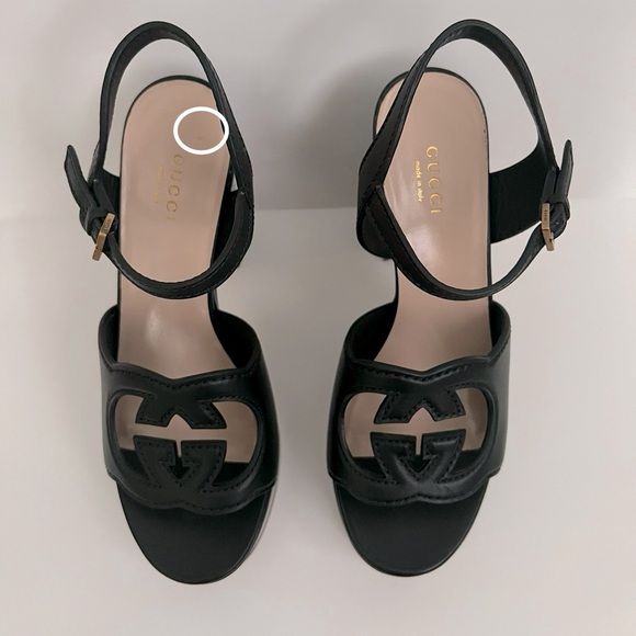 GUCCI Interlocking G Cutout Block Heel Platform Sandals Black Leather - Picture 2 of 16